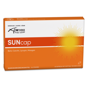 Verpackung für Nahrungsergänzungsmittel SUNcap, orange mit Sonne und Schriftzügen, glutenfrei, 30 Kapseln.