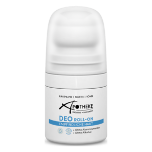 Roll-on Deodorant für empfindliche Haut in einer weißen Flasche ohne Alkohol und Aluminium.
