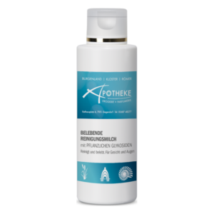 Flasche mit belebender Reinigungsmilch für Gesicht und Augen, verpackt in einer weißen Kunststoffflasche mit blauer Beschriftung.