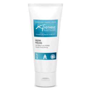 Tube mit Enzym-Peeling, enthält Perlit und Papain für doppelte Peeling-Wirkung, mit blauer und weißer Beschriftung.