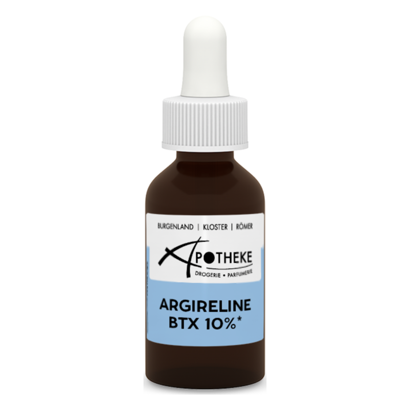 Dunkelbraune Tropfflasche mit weißem Deckel, Etikett für Argireline BTX 10% in blau und schwarz.