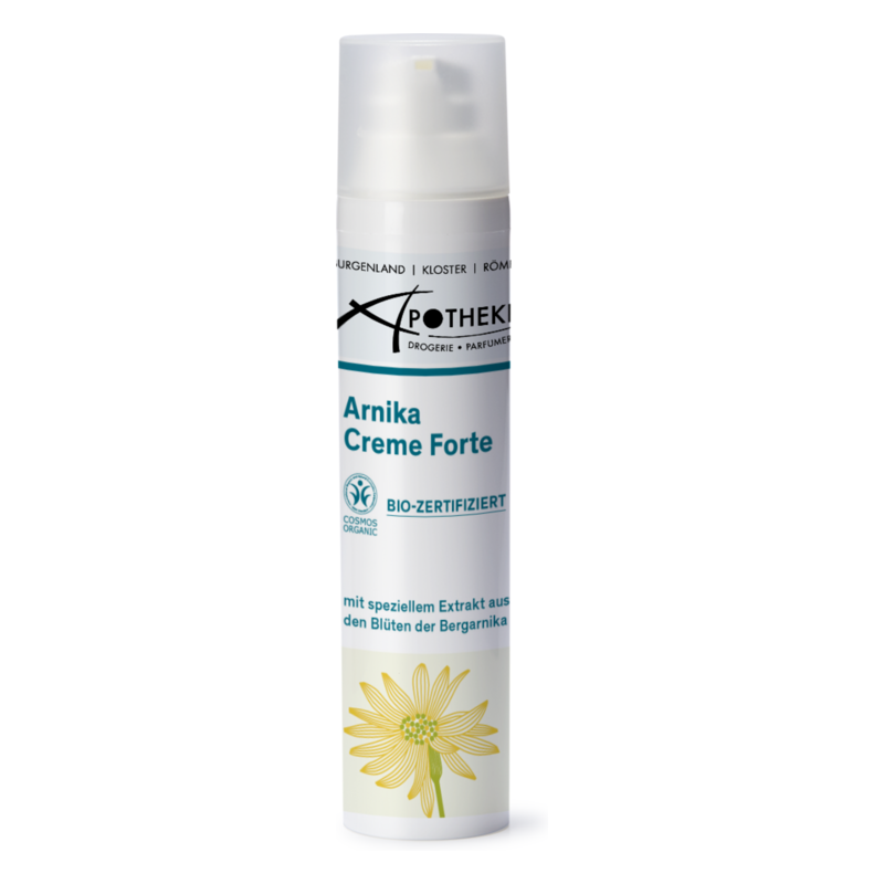 Arnika Creme Forte in einem weißen Pumpbehälter mit gelbem Blütenmotiv und Bio-Zertifizierung.