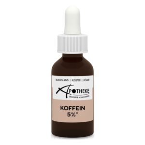 Braune Glasflasche mit einem weißen Tropfer, etikettiert mit 'Koffein 5%' und dem Logo der Apotheke.