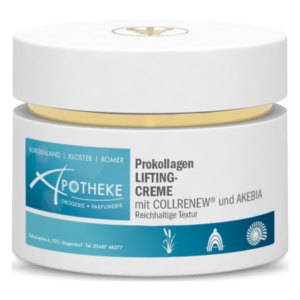 Tiegel mit Prokollagen Lifting-Creme, reichhaltige Textur, enthält COLLRENEW® und AKEBIA, raffinierte Verpackung.