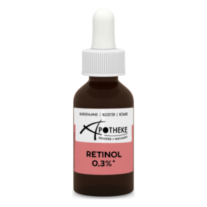 Braune Glasflasche mit Pipette, Etikett bezieht sich auf Retinol 0,3%, Marke Apotheke.