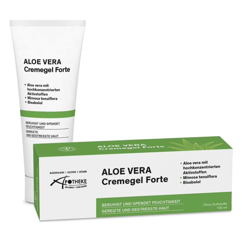 Tube und Verpackung des ALOE VERA Cremegel Forte, beruhigt und spendet Feuchtigkeit für gereizte Haut.