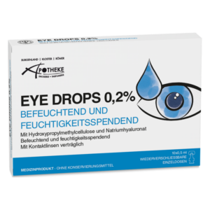 Verpackung von Augentropfen 0,2%, die befeuchtend wirken und für Kontaktlinsenträger geeignet sind.