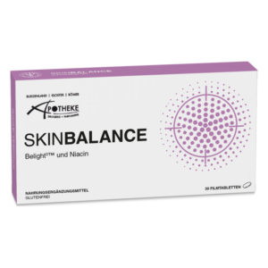 Verpackung des Nahrungsergänzungsmittels SKINBALANCE mit Belight³™ und Niacin in stabiler Kartonage.