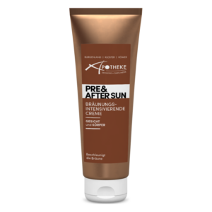Tube mit bräunungsintensivierender Creme für Gesicht und Körper, braune Verpackung mit weißen Schriftzügen