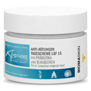 Tagescreme mit LSF 15 in runder, weißer Verpackung, beschriftet mit Anti-Rötungen, Präbiotika und Blaubeeren.