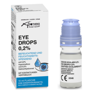 Augentropfen in einer 10 ml Flasche, befeuchtend und ohne Konservierungsstoffe, geeignet für Kontaktlinsen.