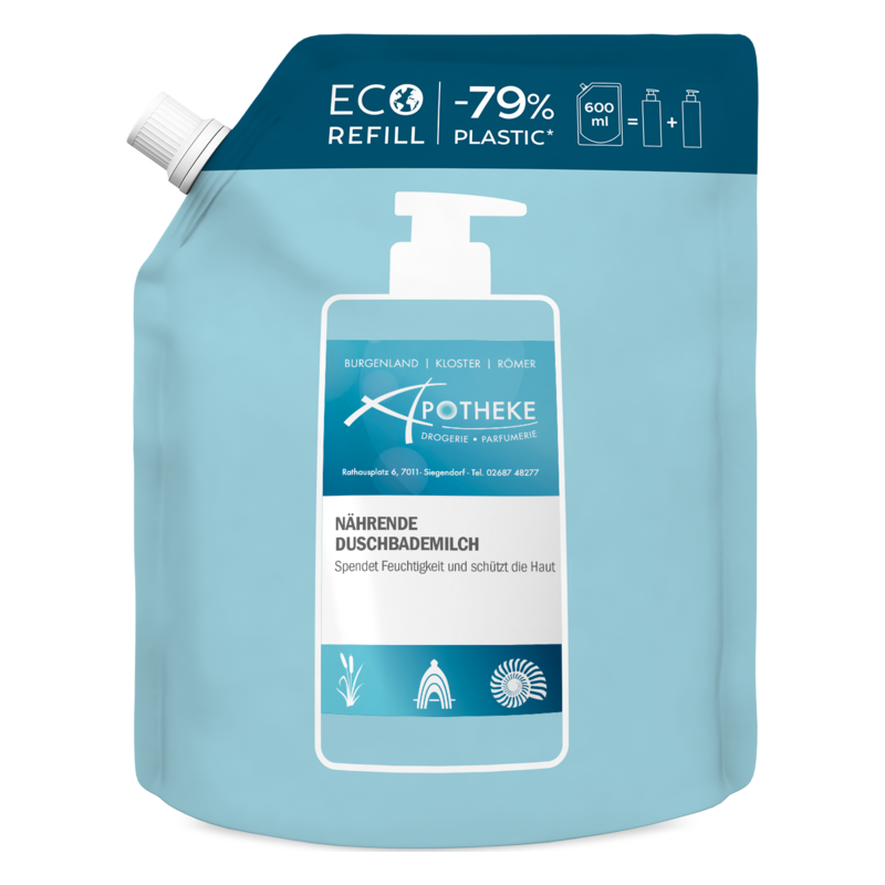 Nachfüllpackung für nährende Duschbademilch in blauem Standbeutel, 600 ml, mit einem Spenderkopf.