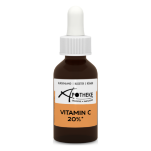 Braune Flasche mit Pipette, enthält Vitamin C 20%, beschriftet mit "APOTHEKE" und anderen Details.