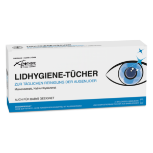 Verpackung von Lidhygiene-Tüchern zur täglichen Reinigung der Augenlider, biologisch abbaubar, mit Malvenextrakt und Natriumhyaluronat.