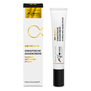 Osmotische Augencreme in Tube mit Verpackung, betont globale Anti-Aging Pflege.