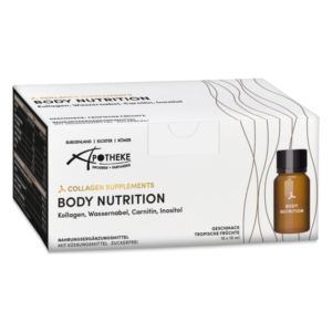 Verpackung von Nahrungsergänzungsmitteln mit Collagen, Wassernabel, Carnitin und Inositol, Geschmack tropische Früchte.