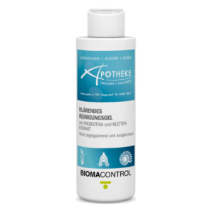 Flasche mit klärendem Reinigungsgeel, enthält Probiotika und Klettextrakt, weißer Kunststoff, schmaler Verschluss.