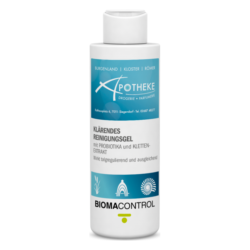 Flasche mit klärendem Reinigungsgeel, enthält Probiotika und Klettextrakt, weißer Kunststoff, schmaler Verschluss.