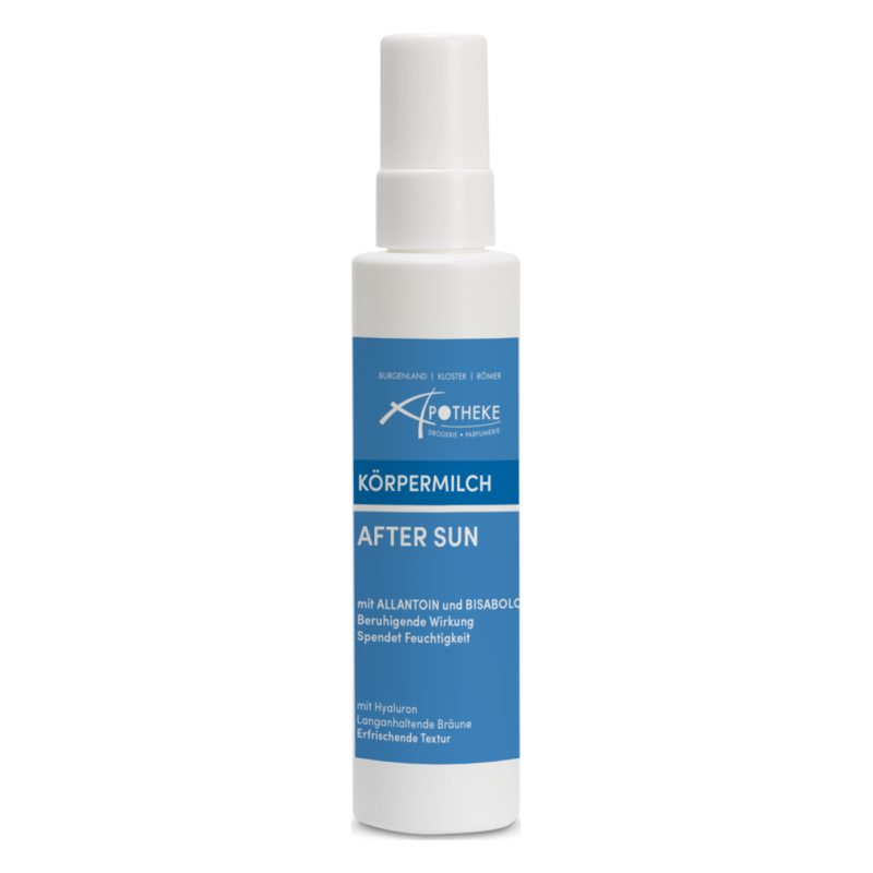 Sprühflasche mit Körpermilch für After-Sun-Pflege, enthält Allantoin und Hyaluron, beruhigende und feuchtigkeitsspendende Wirkung.