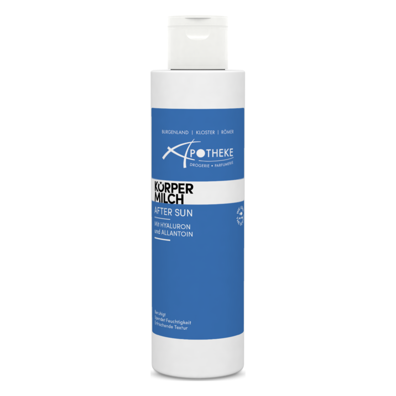 Weißer Flakon mit blauer Etikettierung für Körpermilch nach dem Sonnenbad, enthält Hyaluron und Allantoin.