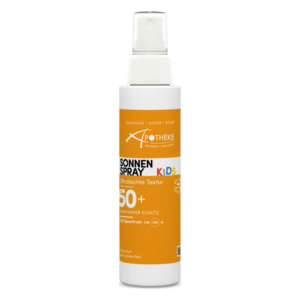 Flasche mit Sonnencreme-Spray für Kinder, sehr hoher UV-Schutz, orangefarbene Verpackung, ultraleichte Textur.
