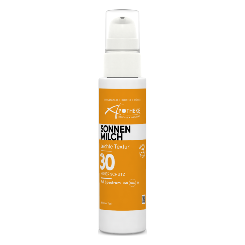 Sonnenmilch in einer weißen Flasche mit orangefarbener Etikettierung, Lichtschutzfaktor 30, wasserfest, leichte Textur.