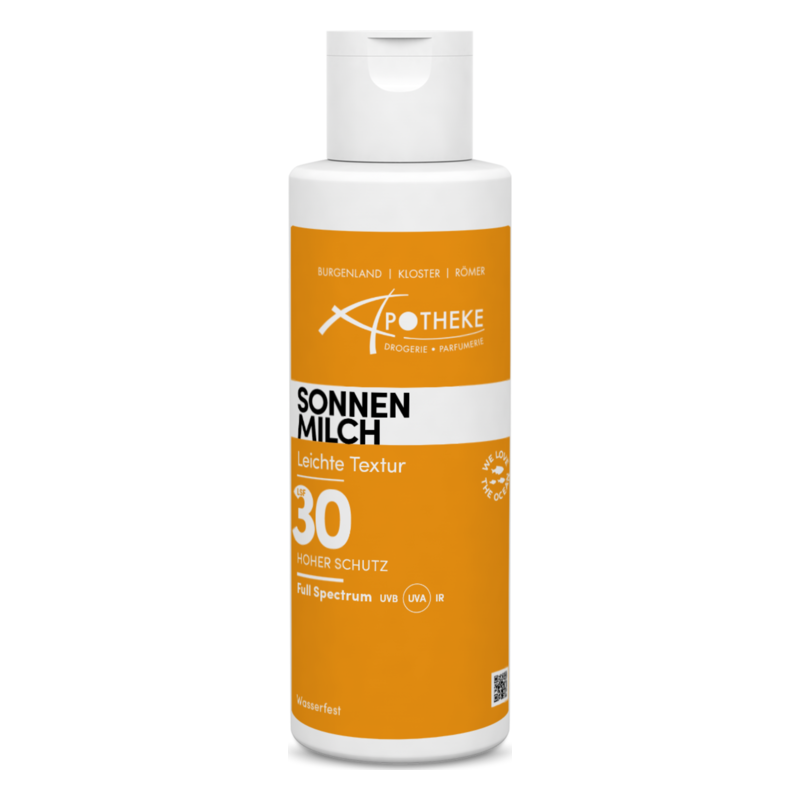 Flasche Sonnenmilch mit leichter Textur, Schutzfaktor 30, wasserfest, orangefarbenes Design mit schwarzer Schrift.