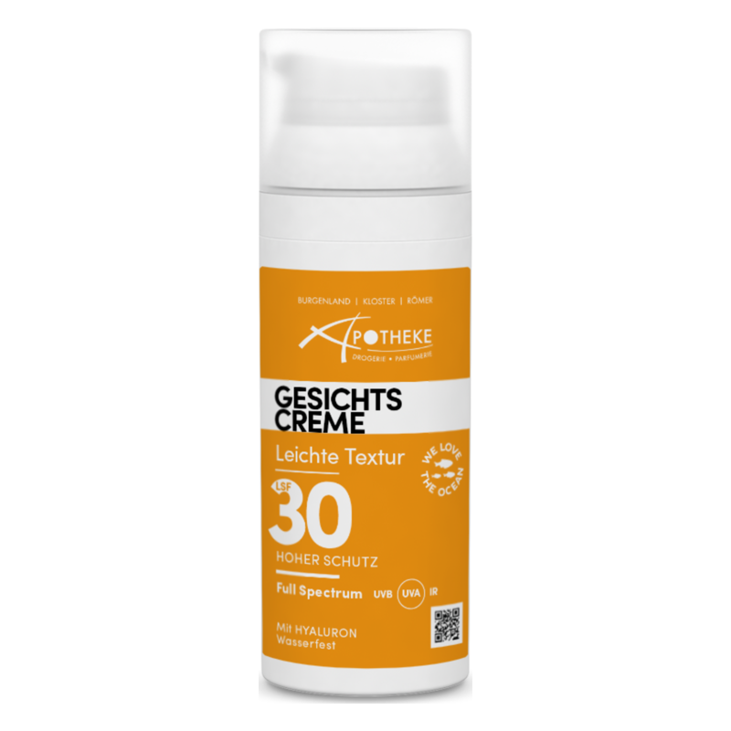 Gesichtscreme mit Spender, leichte Textur, LSF 30, wasserfest, orangefarbene Verpackung, enthält Hyaluron.