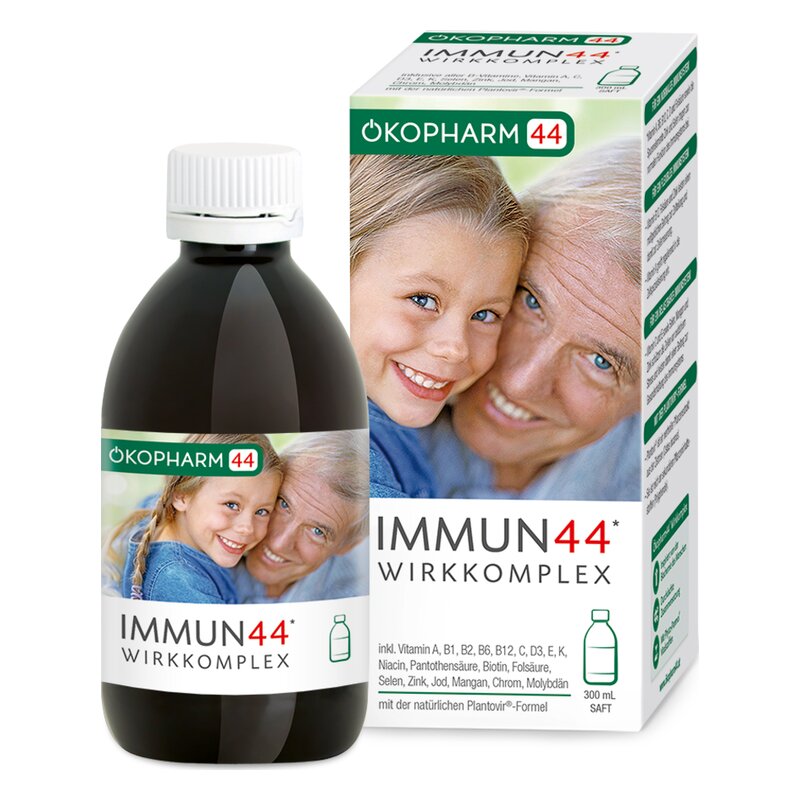 Flasche mit flüssigem Nahrungsergänzungsmittel IMMUN44 und Verpackung, abgebildet mit Lächelnden, älteren und jüngeren Personen.