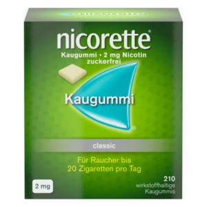 Verpackung von Nicorette Kaugummi, 2 mg Nikotin, zuckerfrei, grüne Box mit Kaugummi-Illustration.