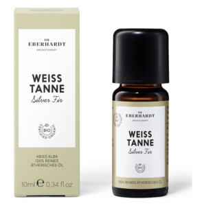 Flasche mit ätherischem Öl "Weißtanne" in einem Karton, beide mit Bio-Zertifizierung, schwarzer Verschluss.