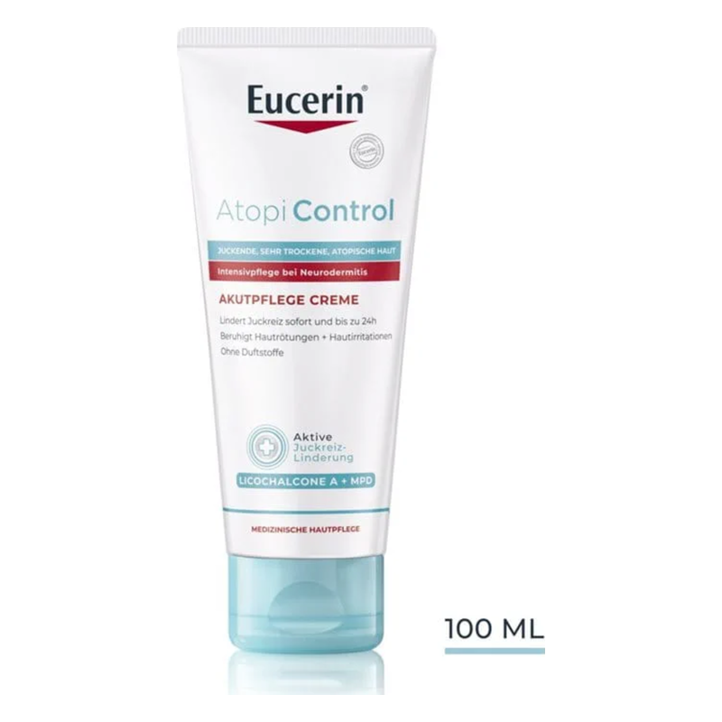 Eucerin Atopi Control Akutpflege Creme für trockene, juckende Haut, in einer 100 ml Tube, ohne Duftstoffe.