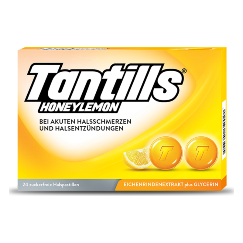 Packung mit Tantills Honey Lemon Halspastillen gegen Halsschmerzen, in gelber Farbe mit zitronigen Akzenten.