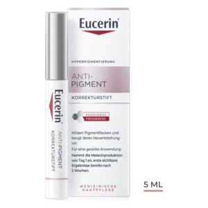 Eucerin Anti-Pigment Korrekturstift in einer weißen Verpackung mit lila Akzenten, 5 ml Inhalt, zur Milderung von Pigmentflecken.