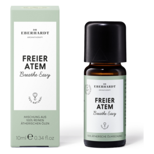 Flasche mit ätherischer Ölmischung "Freier Atem" in einer umweltfreundlichen Verpackung.
