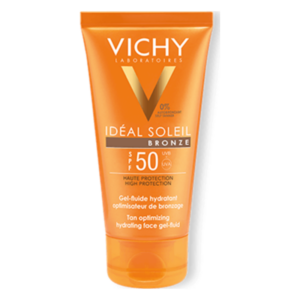 Sonnencreme mit hohem Lichtschutzfaktor 50 in einer orangefarbenen Tube, gel-artige Textur, für sonnengeschädigte Haut.