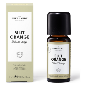 Braunes Fläschchen mit ätherischem Öl aus blutorange, verpackt in einer grünen Box mit weißen Schriftzügen.