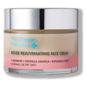 Glasgefäß mit rosa Gesichtscreme, beschriftet mit Inhaltsstoffen wie Hagebutte und Centella asiatica.