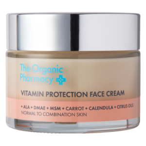 Gesichtscreme in einem runden Glasbehälter mit silbernem Deckel, hellbeige cremeförmig, für normale bis Mischhaut