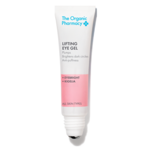 Eine Tube mit Lifting-Augen-Gel, die Augenringe aufhellt und gegen Schwellungen wirkt. Verpackung in Weiß und Rosa.