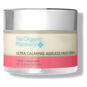 Creme mit einem transparenten Glasbehälter, silbernem Deckel und pinkem Etikett für empfindliche Haut.