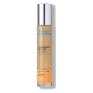 Transparente Flasche mit Pumpverschluss, gefüllt mit Antioxidant Face Gel für alle Hauttypen.