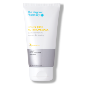 Tube mit Gesichtsmaske, enthält Honig, Oliven-Squalan und Bienenwachs, für trockene Haut, Anwendung in 10 Minuten.