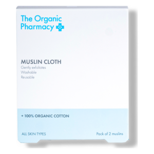Verpackung eines Baumwoll-Mulltuchs für alle Hauttypen, waschbar und wiederverwendbar, von The Organic Pharmacy.