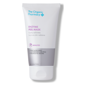 Tube der Enzym-Peeling-Maske mit blauer Schrift auf weißem Hintergrund, enthält fruchtbasierte Säuren und Enzyme.