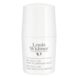 Weißer Roll-on-Deodorant ohne Aluminiumsalze mit klaren Beschriftungen.