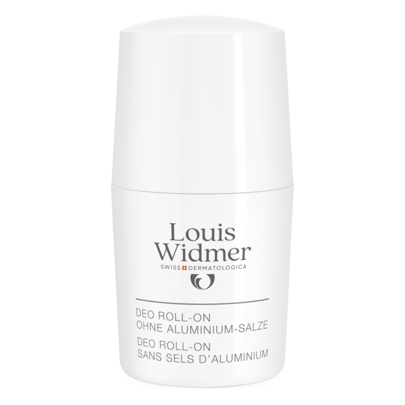 Weißer Roll-on-Deodorant ohne Aluminiumsalze mit klaren Beschriftungen.