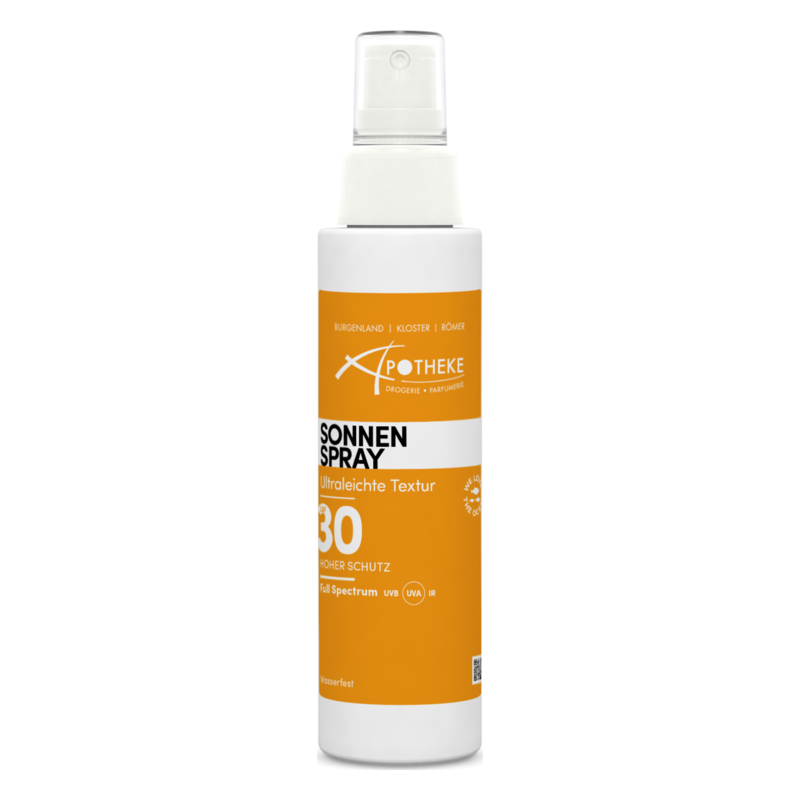 Sonnenspray mit ultraleichter Textur und Lichtschutzfaktor 30 in einer weißen Flasche mit orangefarbenen Akzenten.