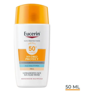 Eucerin Hydro Protect Sonnenfluid für das Gesicht, mit Lichtschutzfaktor 50+, in einer weißen Flasche mit orangefarbenem Deckel.