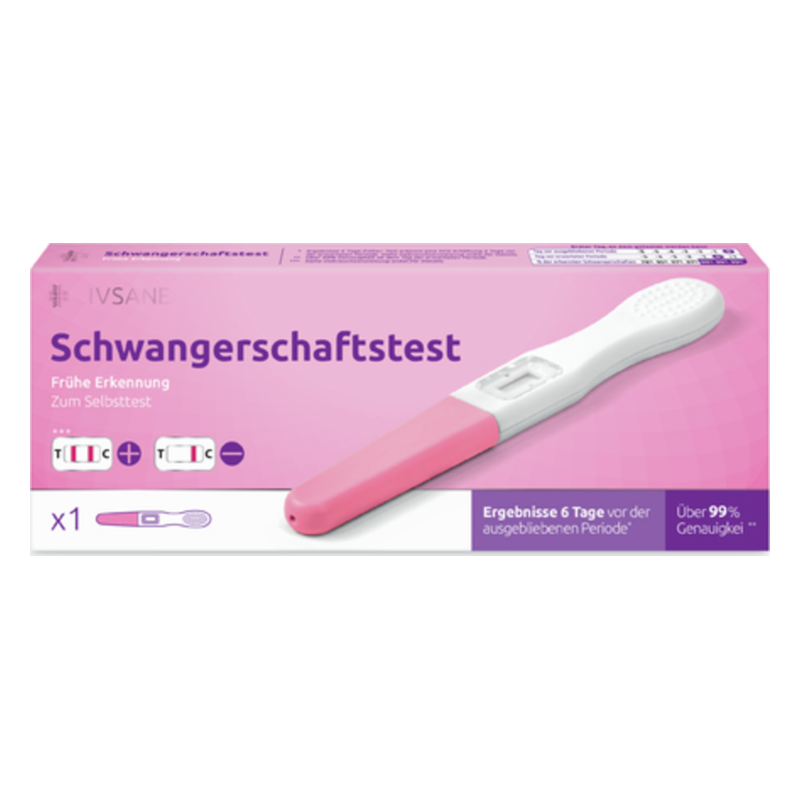 Verpackung eines Schwangerschaftstests mit pinkem Griff und Anweisungen zur Durchführung des Selbsttests.